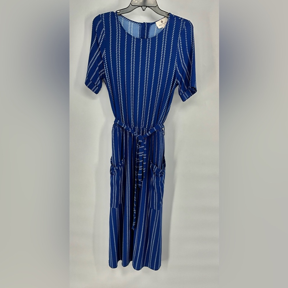 Betsey’s Boutique Shop Navy Blue Striped Slip Lined Pocket Button Back Dress L